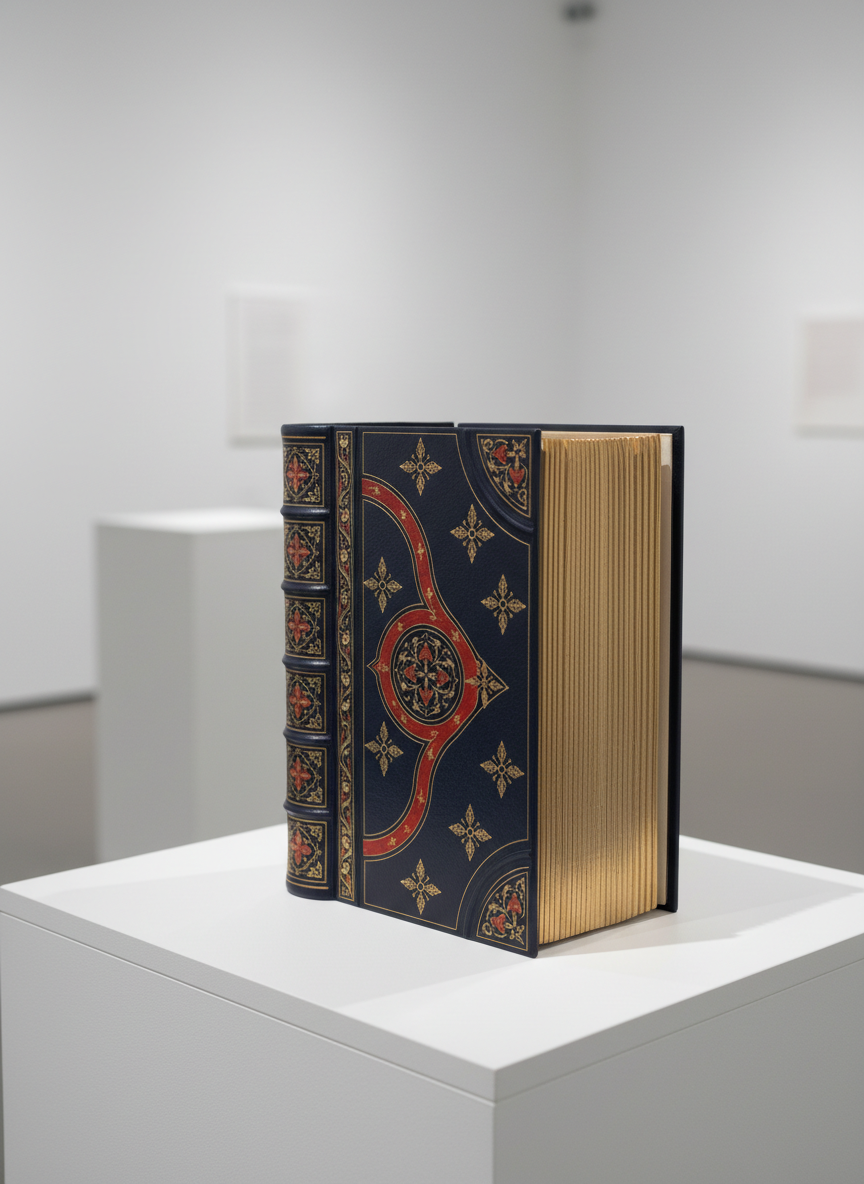 A pristine exhibition plinth in a white gallery space, supporting a single, exquisitely crafted fine binding standing upright and slightly open. The book features deep navy goatskin, raised bands on the spine, delicate gold tooling, and contrasting red leather onlays forming a subtle abstract pattern. The page edges are gilded, catching the light, while the creamy text block fans gently. The background is softly blurred white walls with a hint of other plinths, all kept minimal. Neutral, diffused gallery lighting from above and the side produces gentle highlights on the leather grain and tooled lines. Photographed at a slightly elevated three-quarter angle with a medium depth of field, the mood is refined, formal, and reverent, emphasizing craftsmanship and professionalism in crisp photographic realism.